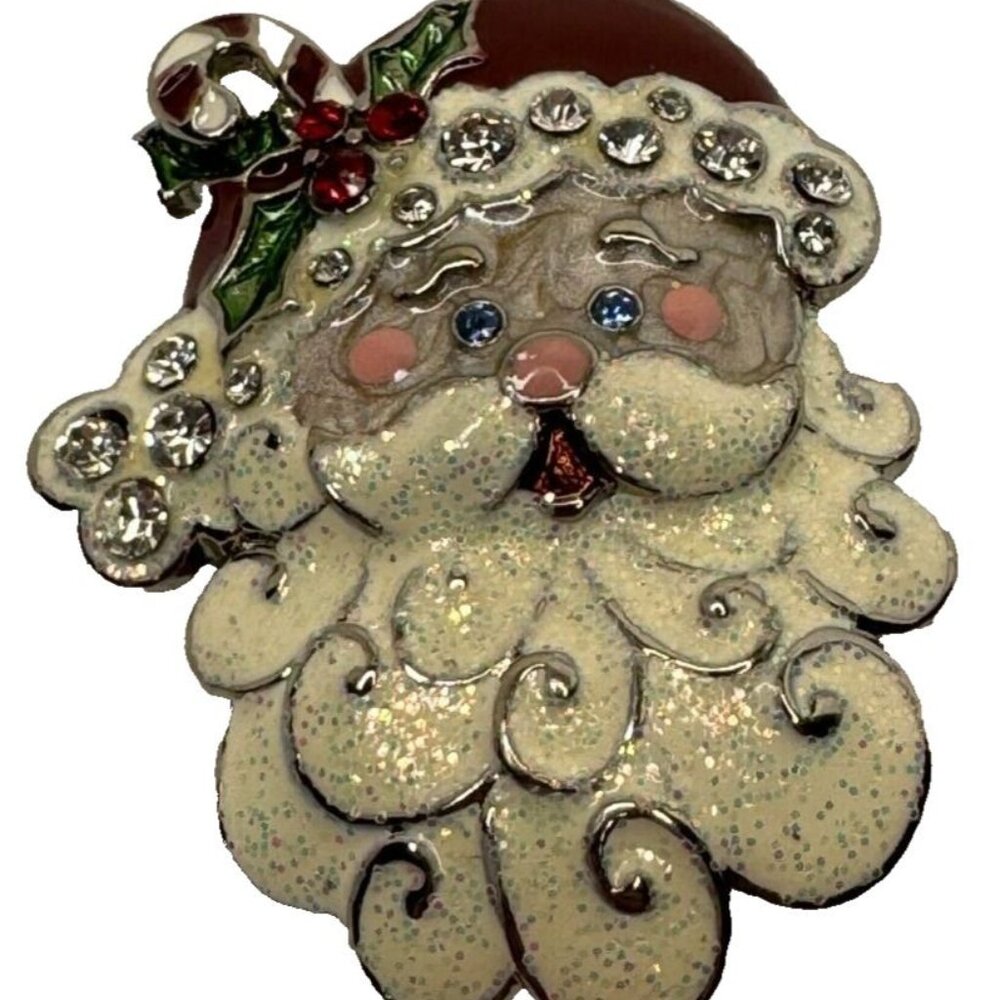 Santa Claus Face Pin Brooch Whimsical Candy Cane Holly Winter Holidays Christmas